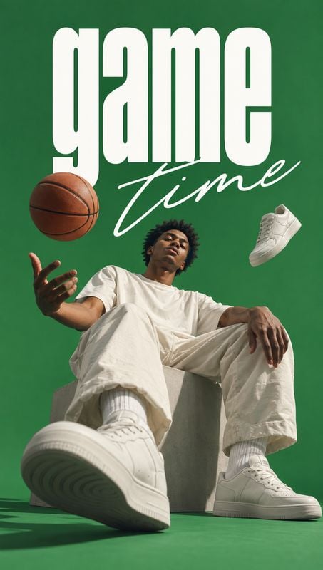 white sneakers floating product product photo: A male model in relaxed white streetwear and sneakers reclines against a green studio backdrop, with a basketbal…