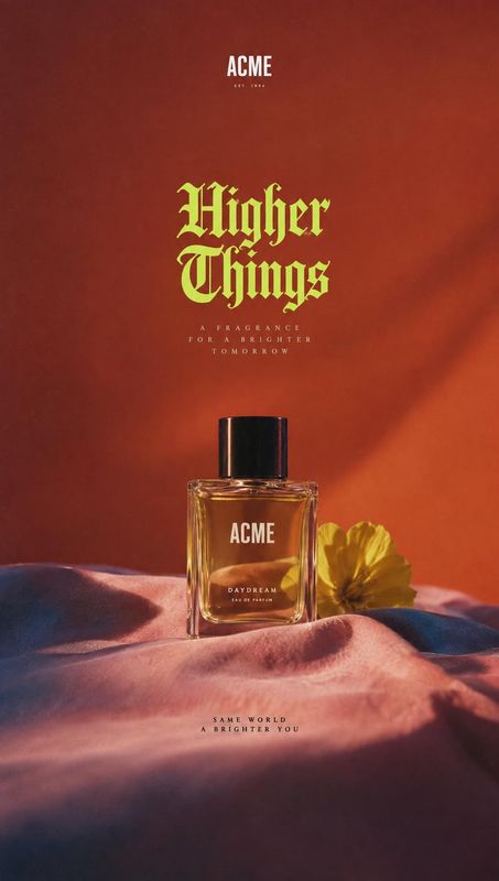 perfume still life product photo: A glass perfume bottle rests on rippled pink fabric beside a yellow flower against a warm rust-red backdrop, with bold vintag…