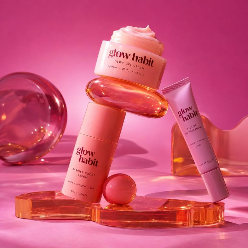 skincare product set group lineup product photo: A coordinated skincare range is artfully stacked among glossy translucent props against a saturated pink studi…