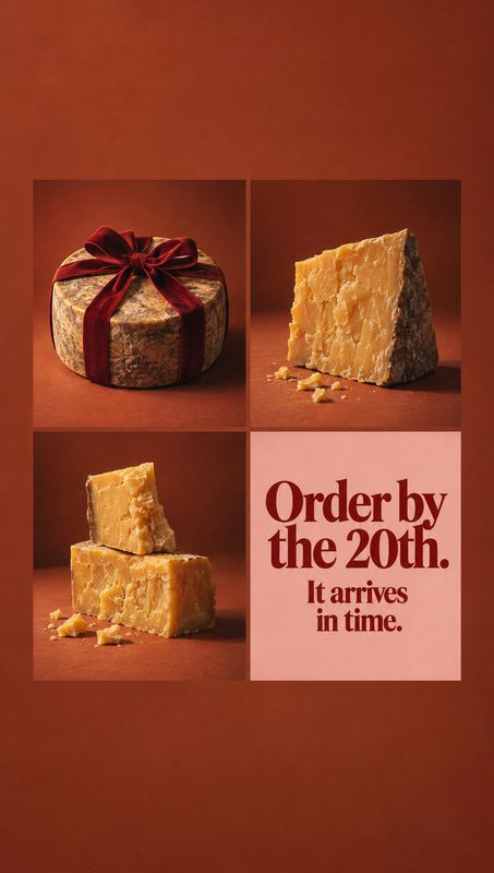 cheese food and drink product photo: A gift-wrapped round of cheese and rustic cheese wedges are arranged in a warm terracotta studio collage beside bold burgu…