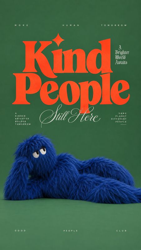 posters product photo: A blue furry puppet reclines against a green studio backdrop beneath oversized red lettering and delicate white script, creating a playf…