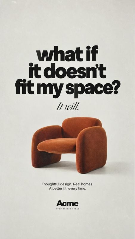 upholstered chair packshot product photo: A rust-orange upholstered chair sits against a pale studio backdrop beneath bold black headline text, with smaller co…