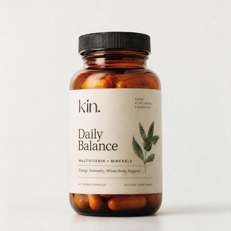 Daily Balance multivitamin supplement personal care product photo: An amber bottle of Daily Balance multivitamins stands centered against a softly lit off-whit…