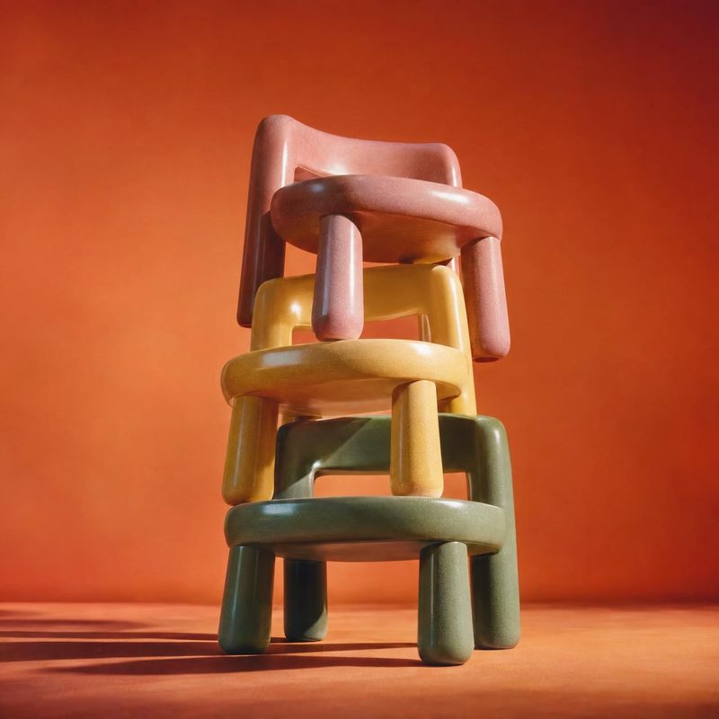 stacked chairs group lineup product photo: A stack of sculptural chairs in muted pink, yellow, and green stands against a warm orange studio backdrop, lit with…