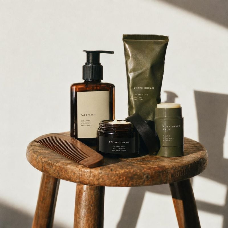 men’s grooming products personal care product photo: A coordinated set of men’s grooming products and a wooden comb are arranged on a rustic stool against a pa…