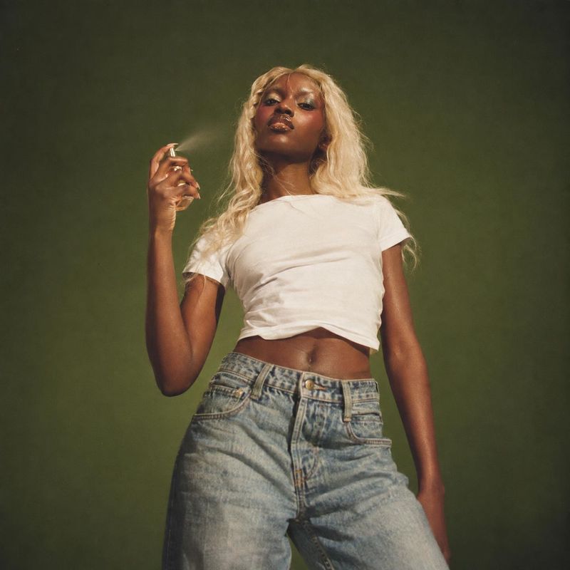 perfume spray action & motion product photo: A blonde model in a white cropped T-shirt and loose jeans sprays a fine mist from a small bottle against a dark gr…