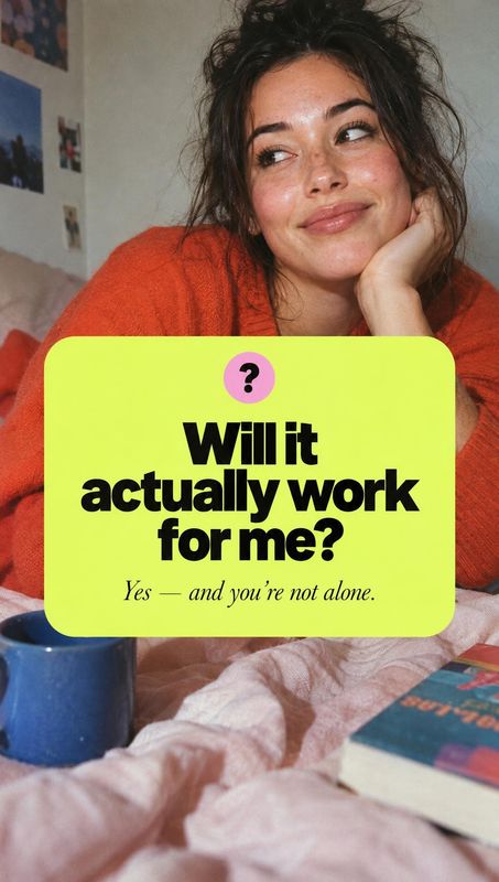 lifestyle scene product photo: A woman in an orange sweater relaxes on a bed beside a mug and book, while a bright lime-green text panel asks whether something…