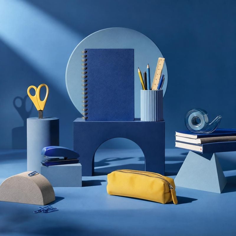 stationery set stationery product photo: A coordinated assortment of notebooks, pencils, scissors, a stapler, tape, books, and a yellow pencil case is artfully…