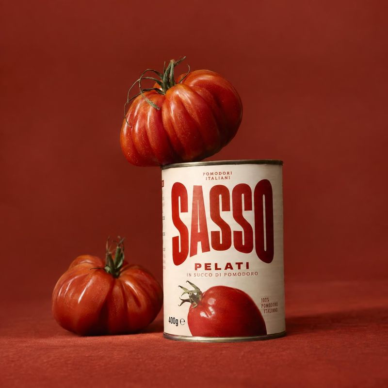 canned peeled tomatoes food and drink product photo: A can of peeled tomatoes is styled with fresh tomatoes against a rich red studio backdrop, with warm direc…