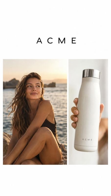 insulated water bottle product in hand product photo: A woman in a black swimsuit sits by the water at sunset alongside a white insulated bottle, presented in…