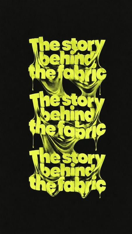 posters product photo: Repeated chunky neon-yellow lettering reading “The story behind the fabric” stretches and drips over a glossy fabric-like form against a…