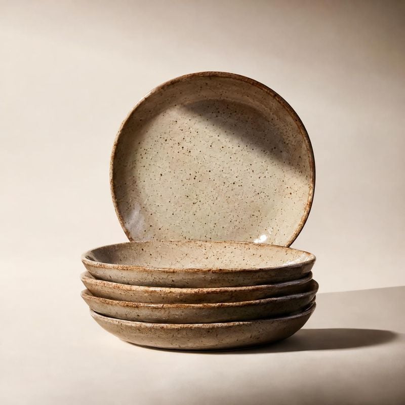 ceramic plates group lineup product photo: A stack of speckled ceramic plates, with one plate propped upright, sits against a warm neutral studio backdrop in s…