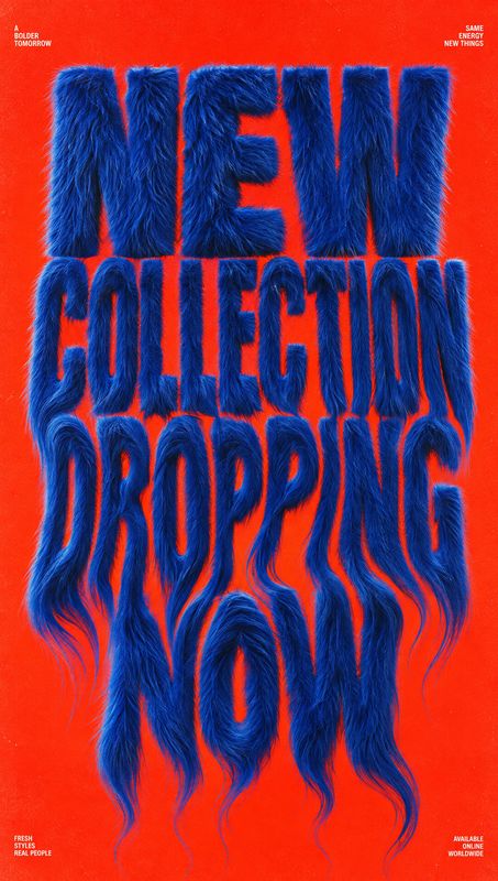 posters product photo: A vivid red graphic pairs oversized blue furry lettering with small white promotional copy, creating a bold, playful campaign mood.