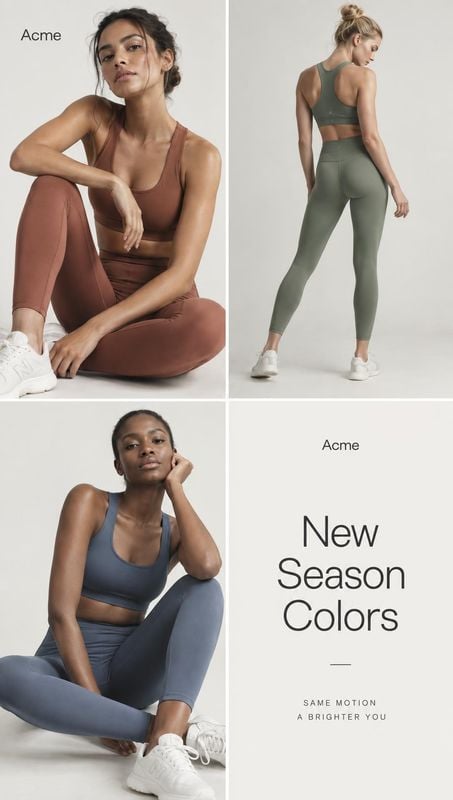 women’s activewear set group lineup product photo: Three women model coordinated leggings and sports bras in rust, sage, and slate against a softly lit neutral…
