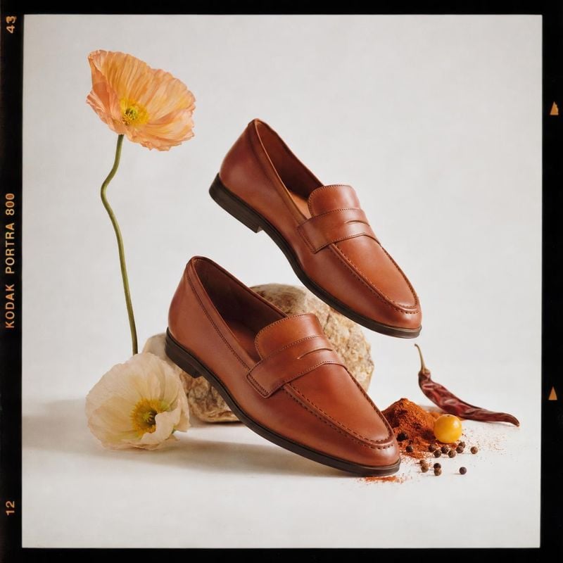 leather loafers fashion product photo: Two polished chestnut leather loafers are artfully arranged among pale flowers, a textured stone, and scattered spices o…