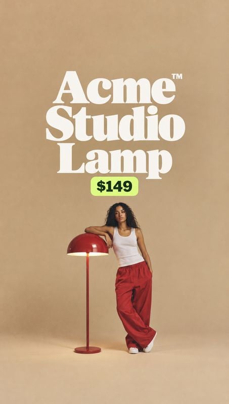 floor lamp home product photo: A woman in a white tank top, red trousers and white sneakers poses beside a red floor lamp against a warm beige studio backdrop,…