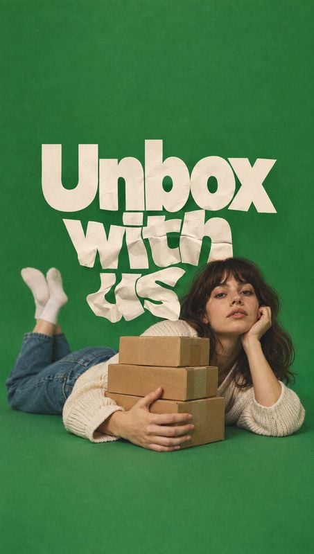 cardboard shipping boxes stationery product photo: A woman in a cream knit sweater and jeans reclines on a green studio backdrop, hugging stacked cardboard box…