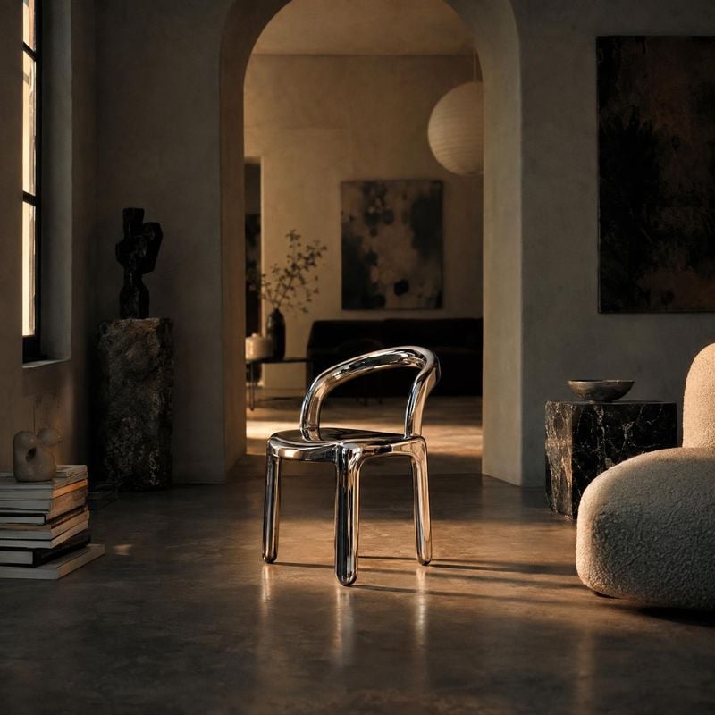 chair room set product photo: A sculptural chrome chair sits in a warm, art-filled interior, with soft amber light and deep shadows creating a refined, contemp…