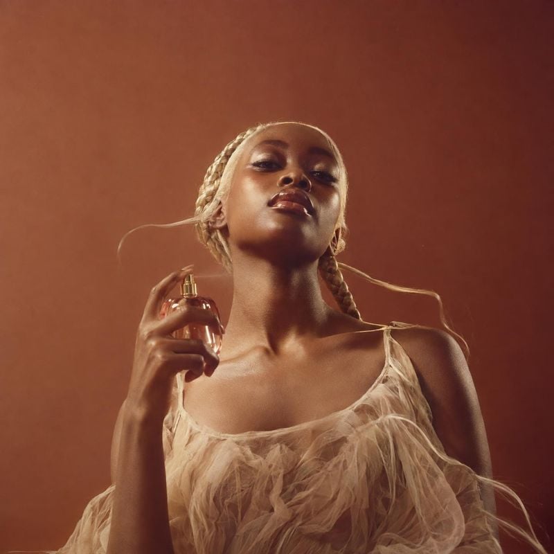 perfume beauty close-up product photo: A braided model in a sheer, sculptural dress holds a perfume atomizer near her shoulder against a warm terracotta studio…