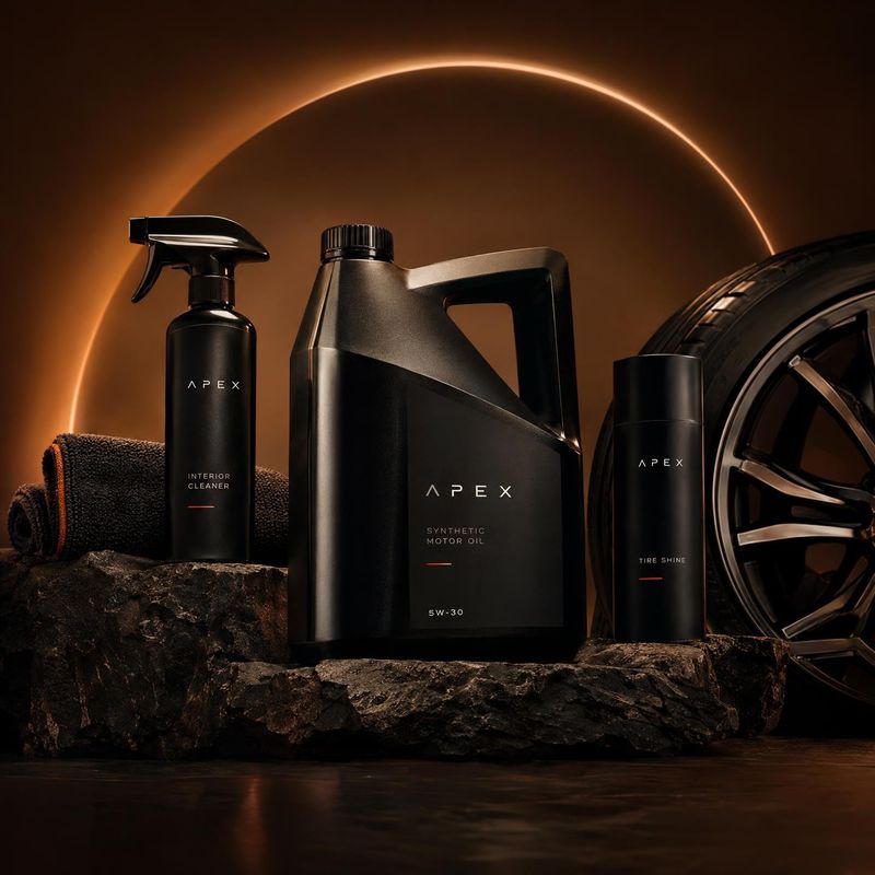automotive care products group lineup product photo: A dramatic studio arrangement of black automotive cleaner, motor oil, and tire-shine containers sits on ru…