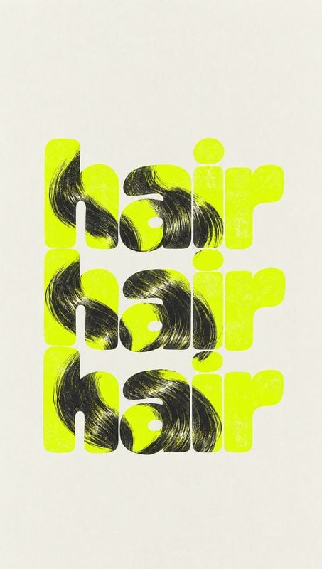 posters product photo: Bold neon-yellow lettering spelling “hair” three times, filled with dark hair-like textures, sits centered on a warm off-white backgroun…