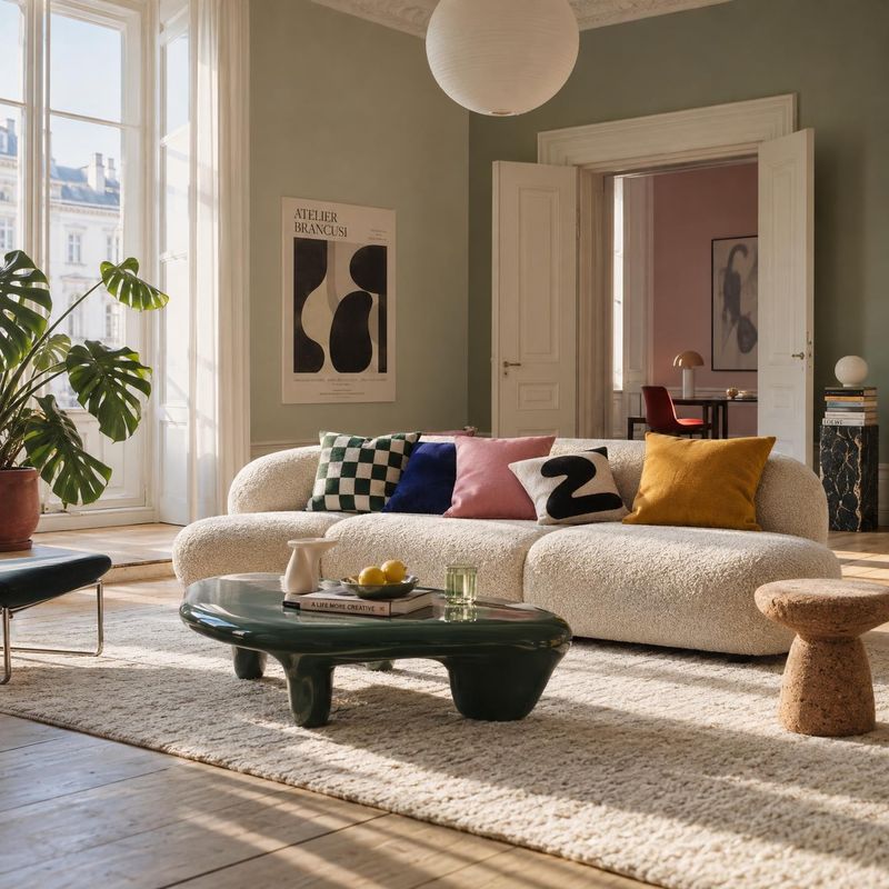 sofa and living room furniture room set product photo: A sculptural cream sofa and eclectic furniture fill a softly sunlit Parisian-style living room with mute…