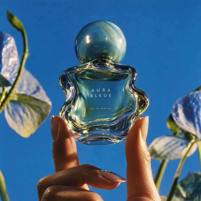 perfume product in hand product photo: A sculptural blue perfume bottle is held aloft against a vivid sky, framed by flowering hydrangeas in bright, sunlit ton…