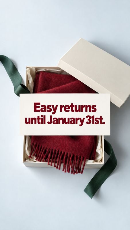 wool scarf flat lay product photo: A deep burgundy fringed scarf rests in tissue inside an open cream gift box with dark green ribbon on a pale surface, overla…