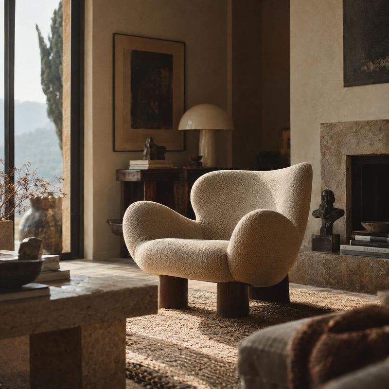 upholstered lounge chair room set product photo: A sculptural cream bouclé lounge chair anchors a warmly styled living room with stone, wood, and vintage decor…