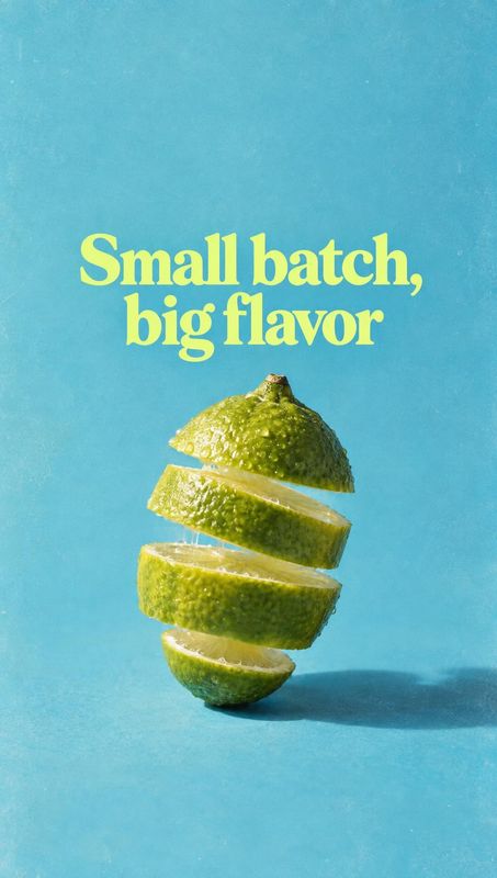 lime floating product product photo: A lime sliced into floating rings is centered against a bright turquoise studio backdrop, with bold yellow-green headline…