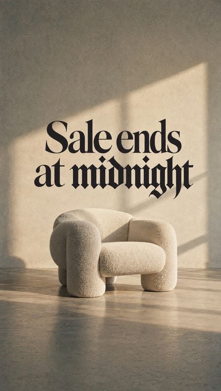 upholstered armchair room set product photo: A sculptural cream armchair sits in a warm, sunlit interior beneath bold black “Sale ends at midnight” typography,…