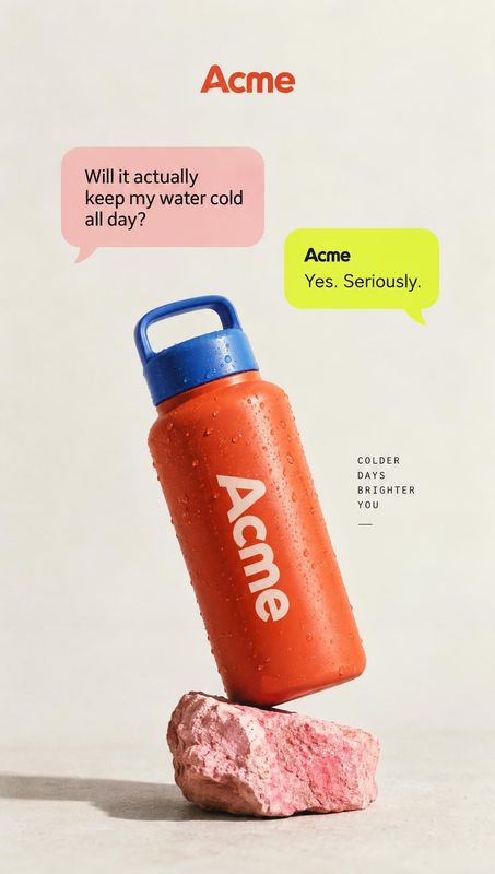 insulated water bottle sports product photo: A bright orange insulated bottle with a blue cap, beaded with condensation, balances on a pink rock against a pale…