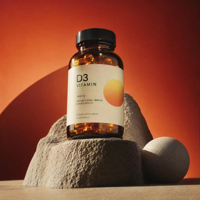 Vitamin D3 supplement personal care product photo: An amber bottle of D3 vitamin softgels sits among sculptural stone forms against a warm orange backdrop, lit…