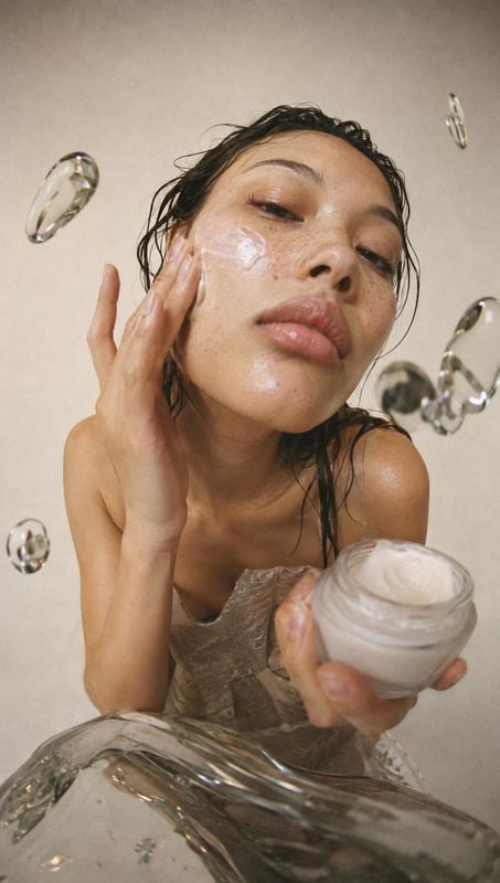 face cream beauty close-up product photo: A woman with wet hair gently applies cream to her cheek while holding an open jar, surrounded by sculptural glass for…