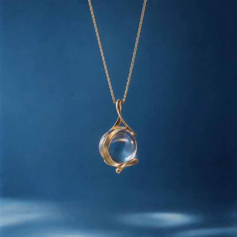 gold pendant necklace jewelry product photo: A sculptural gold pendant necklace hangs against a softly lit deep-blue studio backdrop, with generous open space…