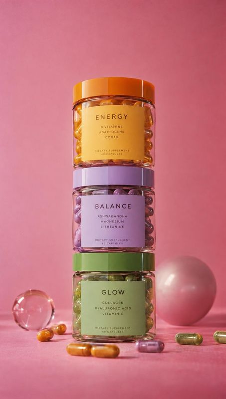 dietary supplement capsules group lineup product photo: Three clear supplement jars labeled Energy, Balance, and Glow are stacked against a pink studio backdro…