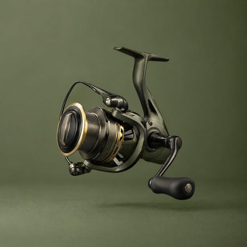 fishing reel sports product photo: A black-and-gold fishing reel floats against a muted olive-green studio backdrop, lit with soft directional light for a poli…
