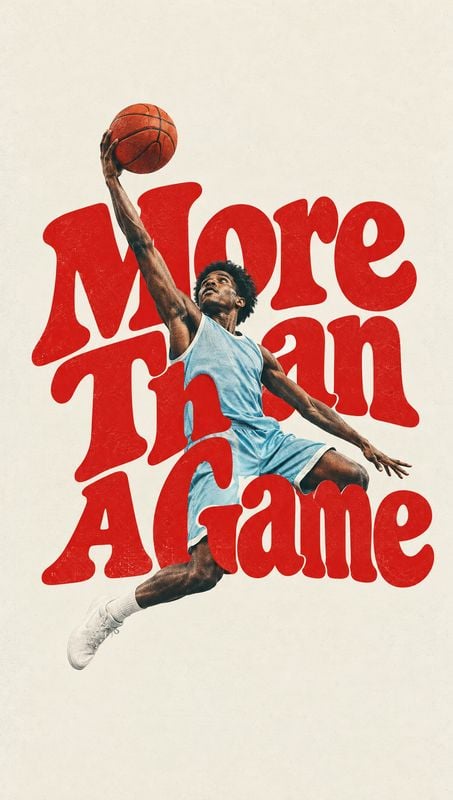 action & motion product photo: A basketball player leaps toward the hoop in a pale blue uniform, layered over oversized red lettering on a warm off-white backg…