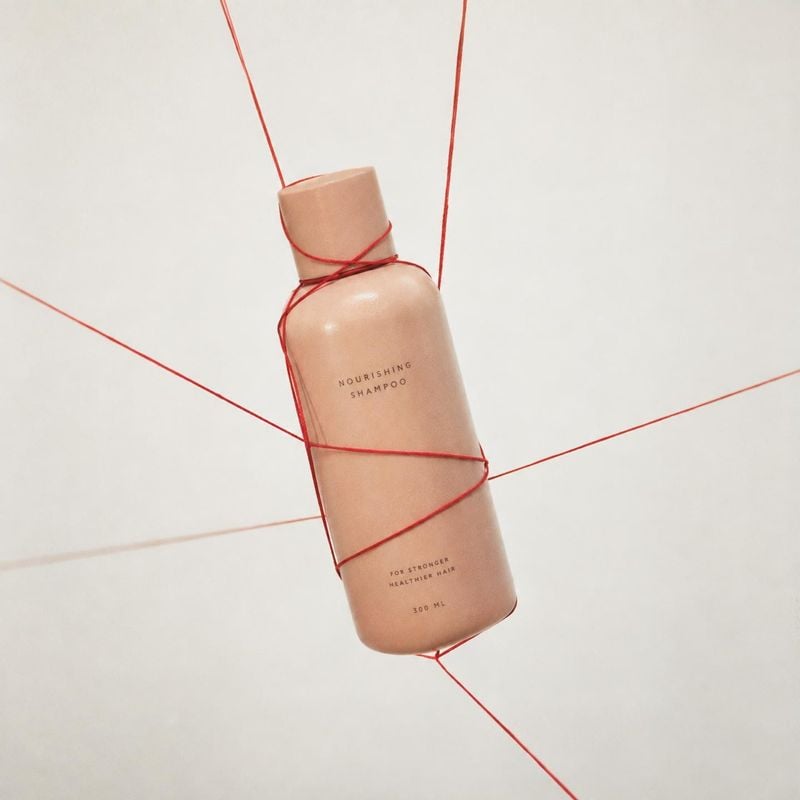 nourishing shampoo floating product product photo: A peach-toned shampoo bottle hangs at an angle, wrapped in fine red threads against a softly lit warm-white…