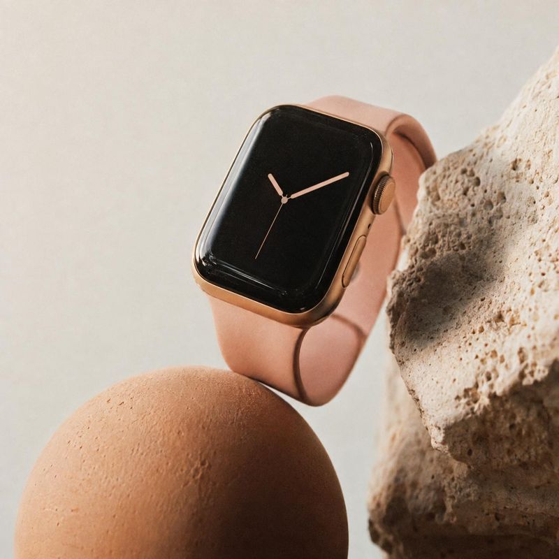 smartwatch electronics product photo: A rose-gold smartwatch with a blush band is artfully arranged among warm-toned sculptural forms, lit with soft natural-lo…