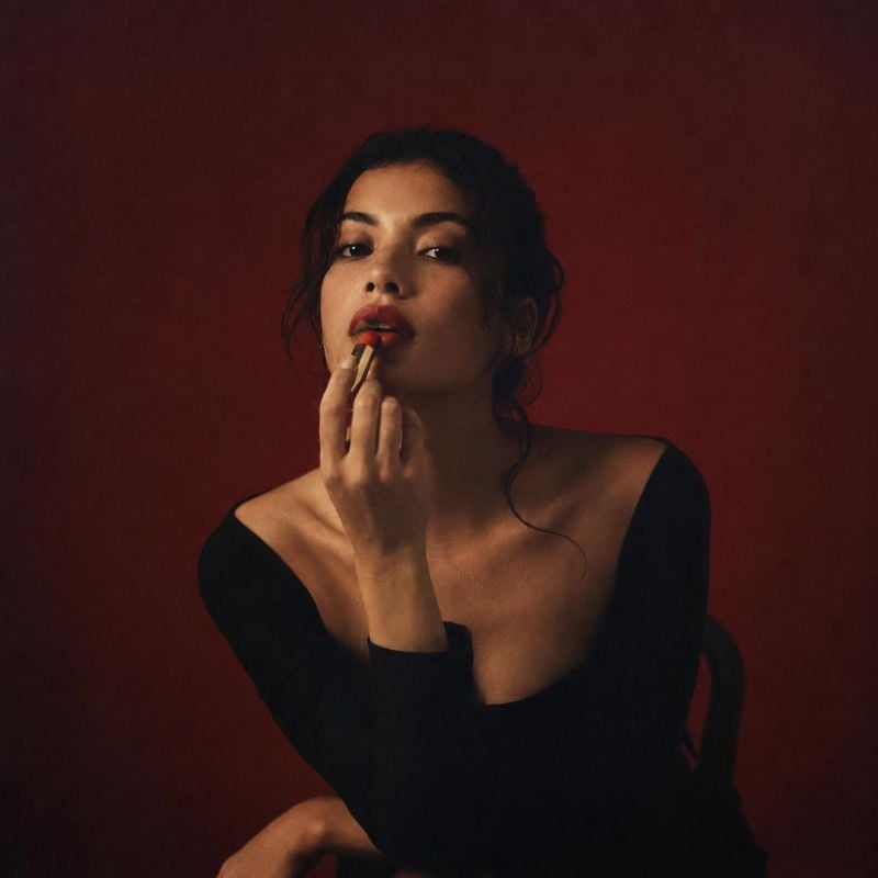 lipstick beauty close-up product photo: A woman in a black off-the-shoulder top applies lipstick against a deep red studio backdrop, lit softly for an intimate…