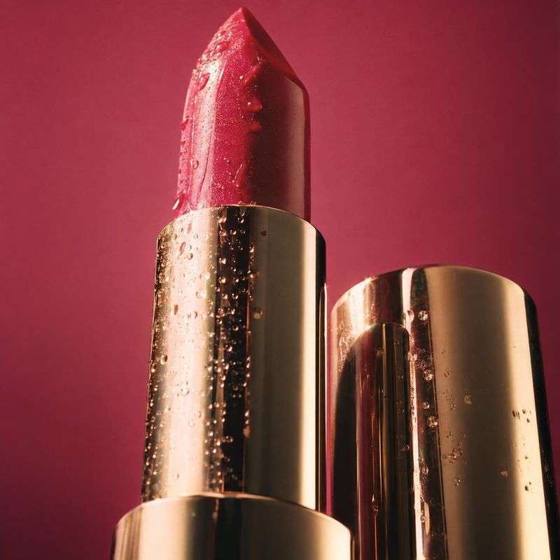red lipstick close-up detail product photo: A vivid red lipstick and its reflective gold casing, dotted with water droplets, are photographed in a dramatic clo…