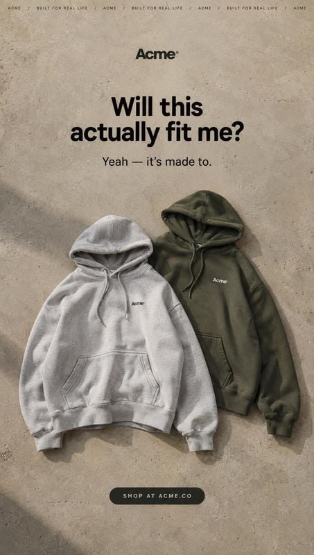 hoodies flat lay product photo: Two hoodies are arranged on a textured concrete surface beneath bold black headline text, with soft directional light creating…