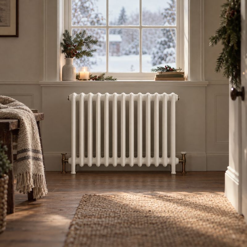 radiator christmas product photo: A white column radiator anchors a softly lit, neutral room dressed with winter greenery, candles and textured textiles, creat…