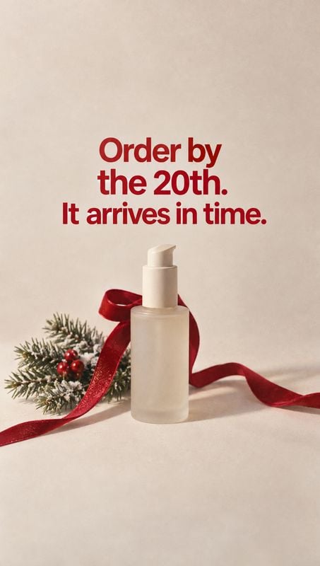 bottle of skincare christmas product photo: A minimalist skincare bottle sits among evergreen sprigs and a trailing red ribbon beneath bold red delivery-deadli…