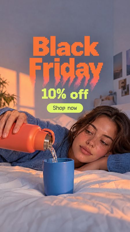 insulated bottle splash / pour product photo: A woman relaxes on a bed in warm sunset light as she pours from a coral insulated bottle into a blue cup, beneath…