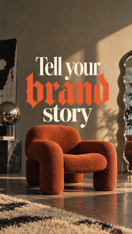 upholstered armchair room set product photo: A sculptural rust-colored armchair sits in a warm, sunlit interior beneath large white and orange display letterin…