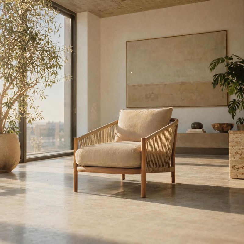upholstered lounge chair room set product photo: A woven wood lounge chair with soft beige cushions sits in a serene modern interior, warmed by late-afternoon…