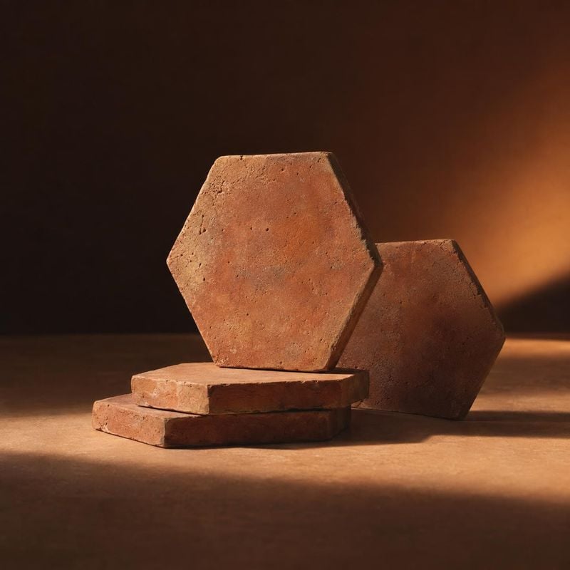 terracotta tiles texture / swatch product photo: Terracotta tiles are stacked and propped upright against a dark studio backdrop, lit by warm directional light…