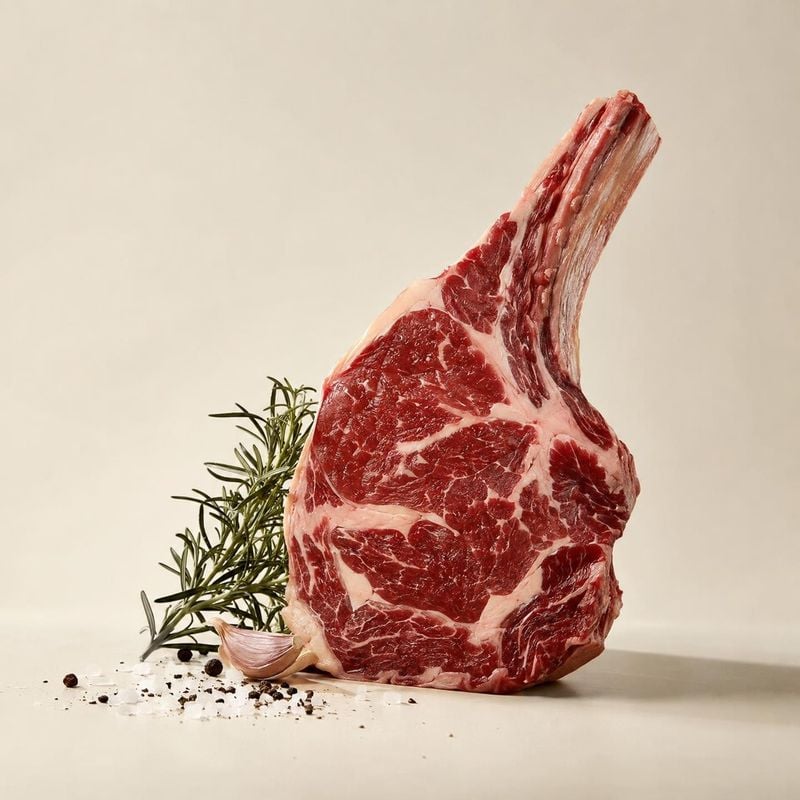 bone-in rib steak food and drink product photo: A richly marbled bone-in steak stands upright against a warm neutral studio backdrop, styled with rosemary, gar…